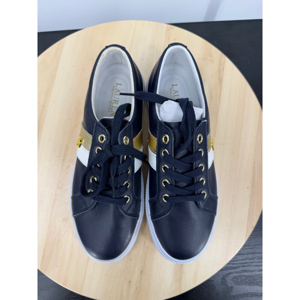 Ralph Lauren Womens Jason II Leather Sneakers Size 6 Navy Gold Logo Retro Preppy - Picture 4 of 9